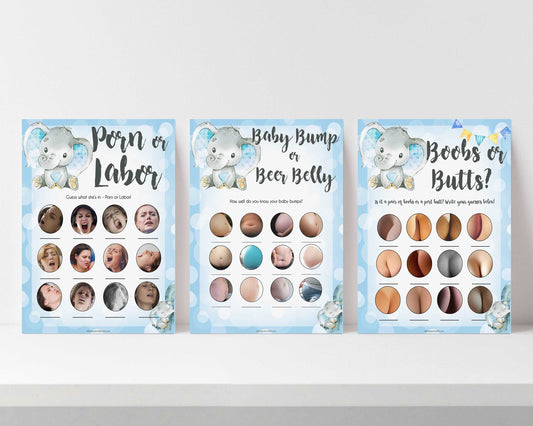 labor or porn, boobs or butts, baby bump or beer belly game, Printable baby shower games, fun baby games, baby shower games, fun baby shower ideas, top baby shower ideas, blue elephant baby shower, blue baby shower ideas
