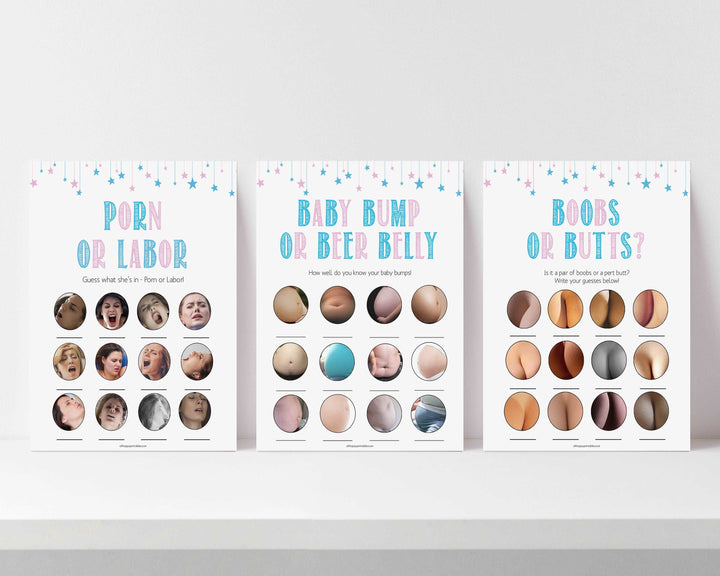 Gender reveal baby games, labor or porn, baby bump or beer belly, boobs or butts, printable baby shower games, fun baby games, top baby games, best baby games, baby shower games