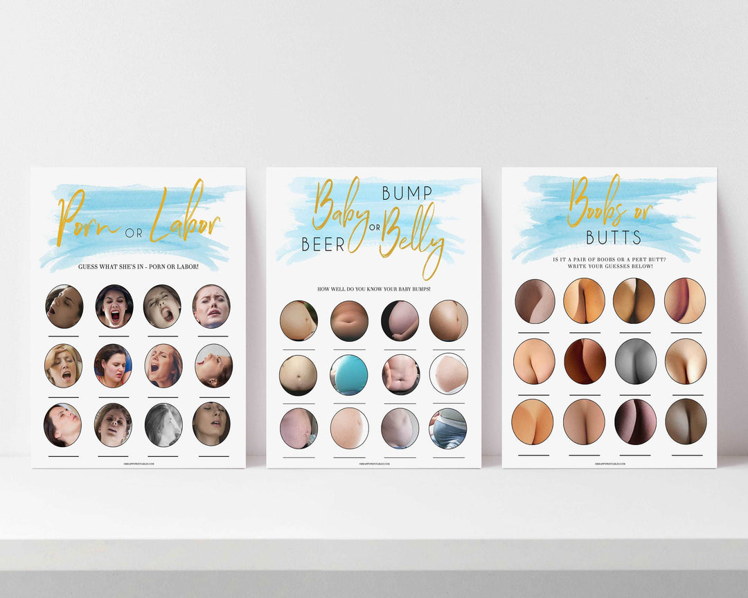 baby shower games bundle, labor or porn, baby bump, boobs or butts game, printable baby games, fun baby games