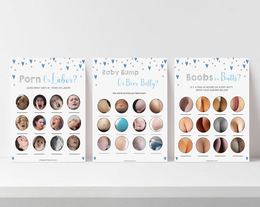 labor or porn, baby bump or beer belly, boobs or butts game, Printable baby shower games, small blue hearts fun baby games, baby shower games, fun baby shower ideas, top baby shower ideas, silver baby shower, blue hearts baby shower ideas