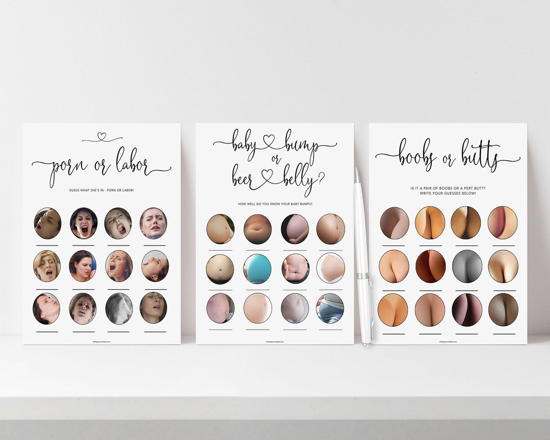 minimalist baby shower, 3 baby games bundle, labor or porn, baby bump or beer belly, boobs or butts baby games, printable baby games, fun baby shower games