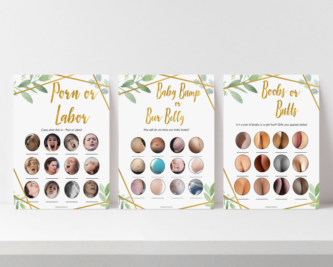 labor or porn, baby bump or beer belly, boobs or butts, Printable baby shower games, geometric fun baby games, baby shower games, fun baby shower ideas, top baby shower ideas, gold baby shower, blue baby shower ideas