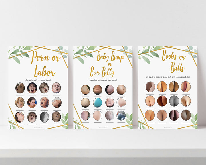 labor or porn, baby bump or beer belly, boobs or butts, Printable baby shower games, geometric fun baby games, baby shower games, fun baby shower ideas, top baby shower ideas, gold baby shower, blue baby shower ideas