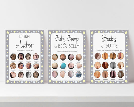 grey & yellow stars printable baby games, labor or porn, baby bump or beer belly, boobs or butts baby game, fun baby games, top baby games