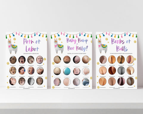 porn or labor, baby bump or beer belly, boobs or butts, Printable baby shower games, llama fiesta fun baby games, baby shower games, fun baby shower ideas, top baby shower ideas, Llama fiesta shower baby shower, fiesta baby shower ideas