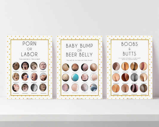 porn or labor, baby bump or beer belly, boobs or butts game, Printable baby shower games, baby gold dots fun baby games, baby shower games, fun baby shower ideas, top baby shower ideas, gold glitter shower baby shower, friends baby shower ideas