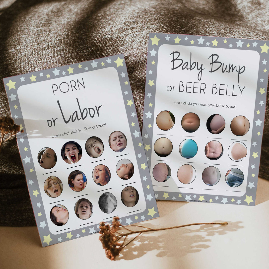 2 in 1 baby shower games, labor or porn, baby bump game,  printable baby games, little star baby games, fun baby games, top baby shower ideas