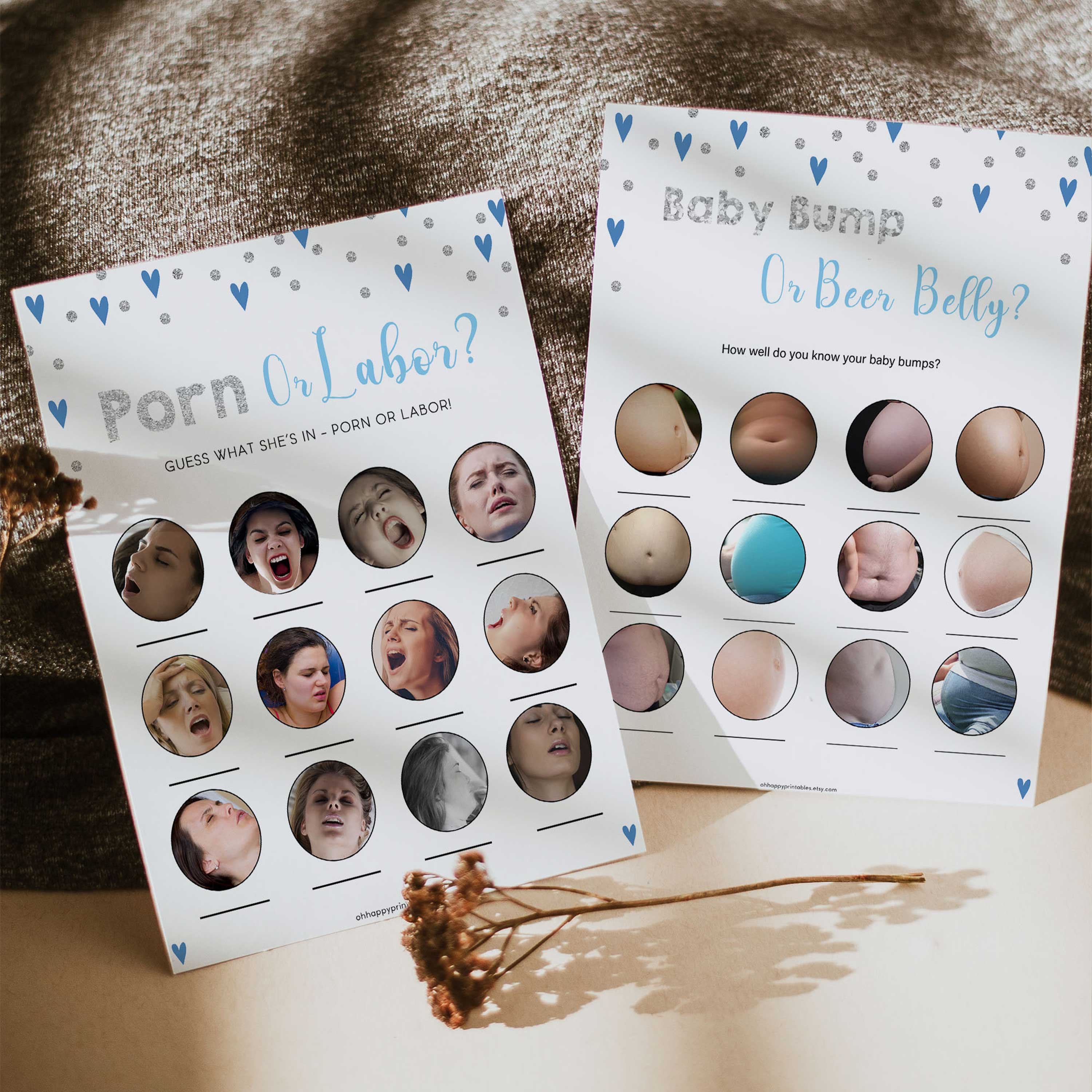 labor or porn, baby bump or beer belly game, Printable baby shower games, small blue hearts fun baby games, baby shower games, fun baby shower ideas, top baby shower ideas, silver baby shower, blue hearts baby shower ideas