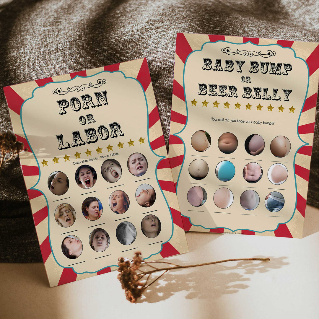 labor or porn, baby bump or beer belly game, Printable baby shower games, circus fun baby games, baby shower games, fun baby shower ideas, top baby shower ideas, carnival baby shower, circus baby shower ideas