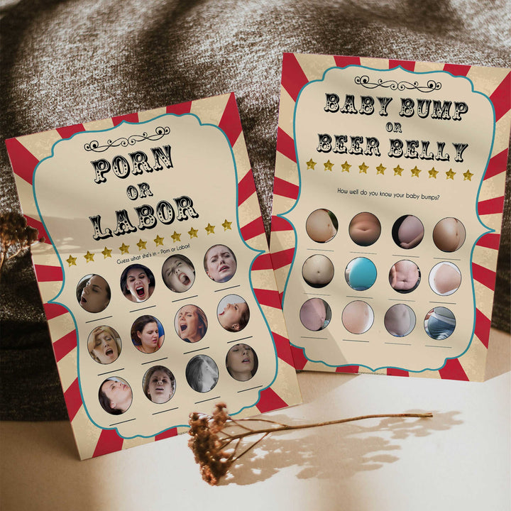 labor or porn, baby bump or beer belly game, Printable baby shower games, circus fun baby games, baby shower games, fun baby shower ideas, top baby shower ideas, carnival baby shower, circus baby shower ideas