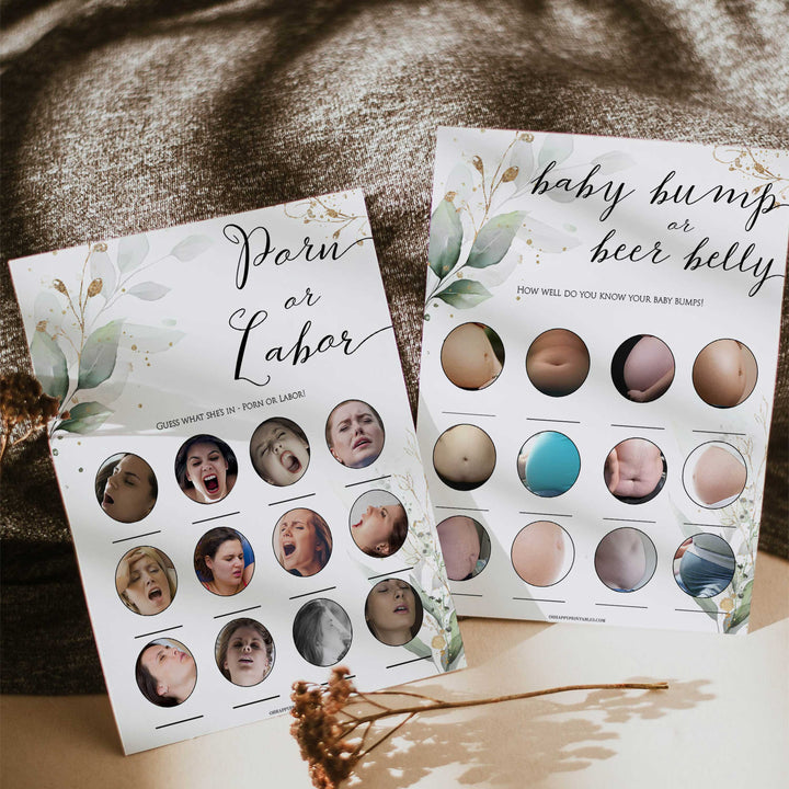 Gold green leaf baby games, labor or porn, baby bump or beer belly, printable baby games, fun baby games, top baby games to play, gold leaf baby shower, greenery baby shower ideas