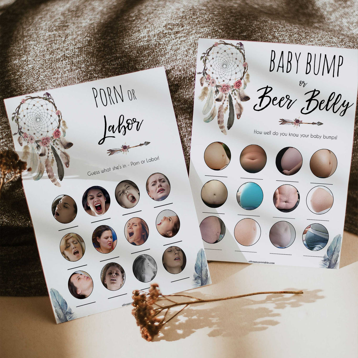 labor or porn and baby bump or beer belly game pack, Printable baby shower games, boho baby shower games, dreamcatcher baby games, fun baby shower games, top baby shower ideas