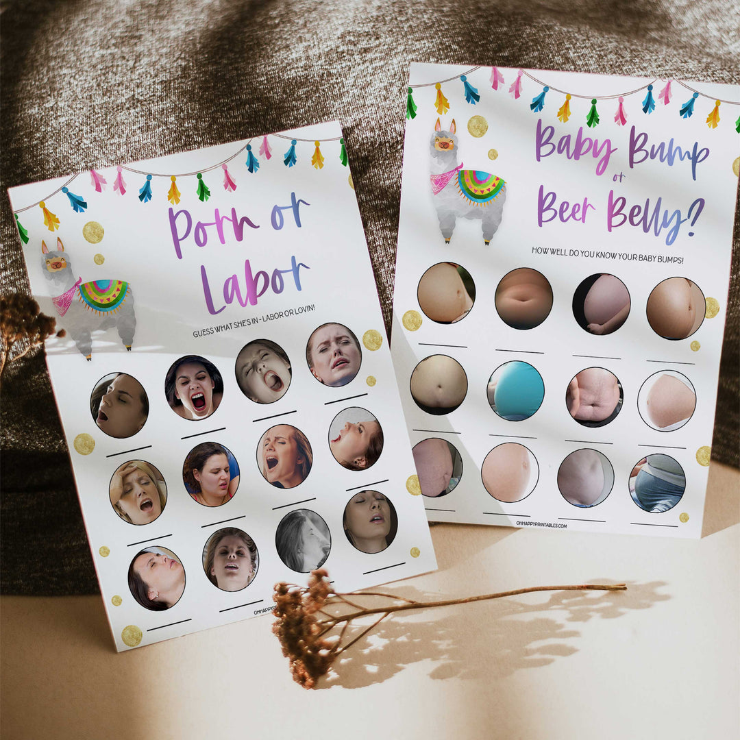 labor or porn, baby bump or beer belly game, Printable baby shower games, llama fiesta fun baby games, baby shower games, fun baby shower ideas, top baby shower ideas, Llama fiesta shower baby shower, fiesta baby shower ideas