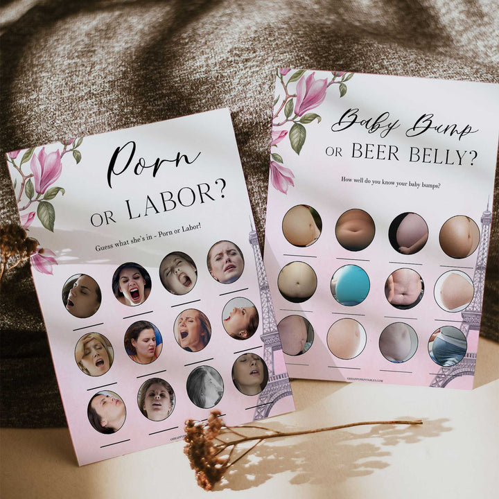 porn or labor, baby bump or beer belly game, Parisian baby shower games, printable baby shower games, Paris baby shower games, fun baby shower games
