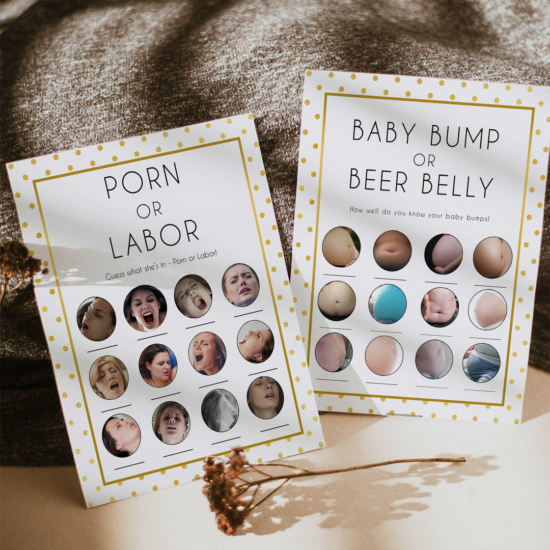 labor or porn, baby bump game, Printable baby shower games, baby gold dots fun baby games, baby shower games, fun baby shower ideas, top baby shower ideas, gold glitter shower baby shower, friends baby shower ideas