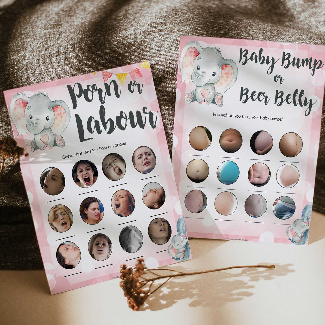 labor or porn, baby bump or beer belly game, Printable baby shower games, fun abby games, baby shower games, fun baby shower ideas, top baby shower ideas, pink elephant baby shower, pink baby shower ideas