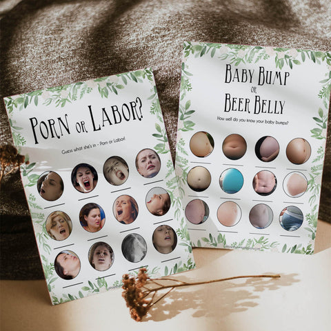 labor or porn, baby bump or beer belly game, Printable baby shower games, greenery baby shower games, fun floral baby games, botanical baby shower games,
