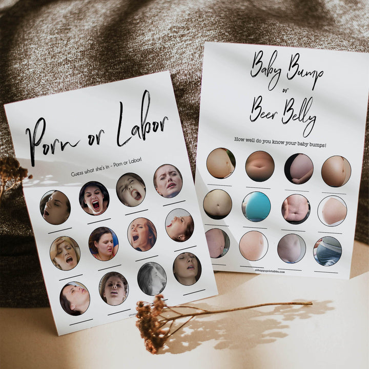 twin baby shower games, porn or labour, baby bump or beer belly, gender neutral baby games