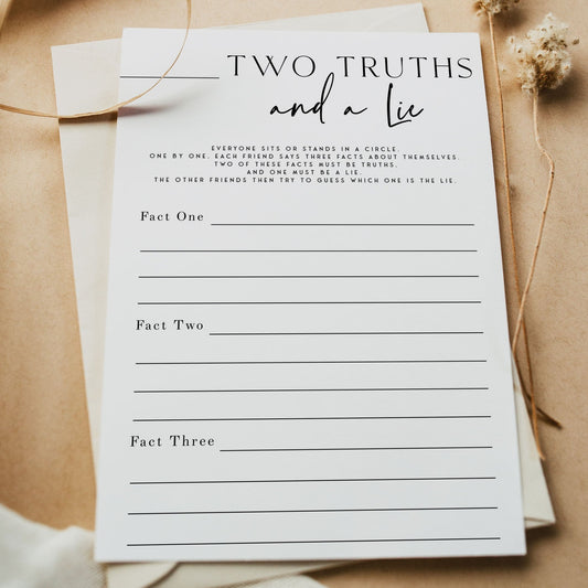 Printable baby shower game two truths and a lie with a modern minimalist design