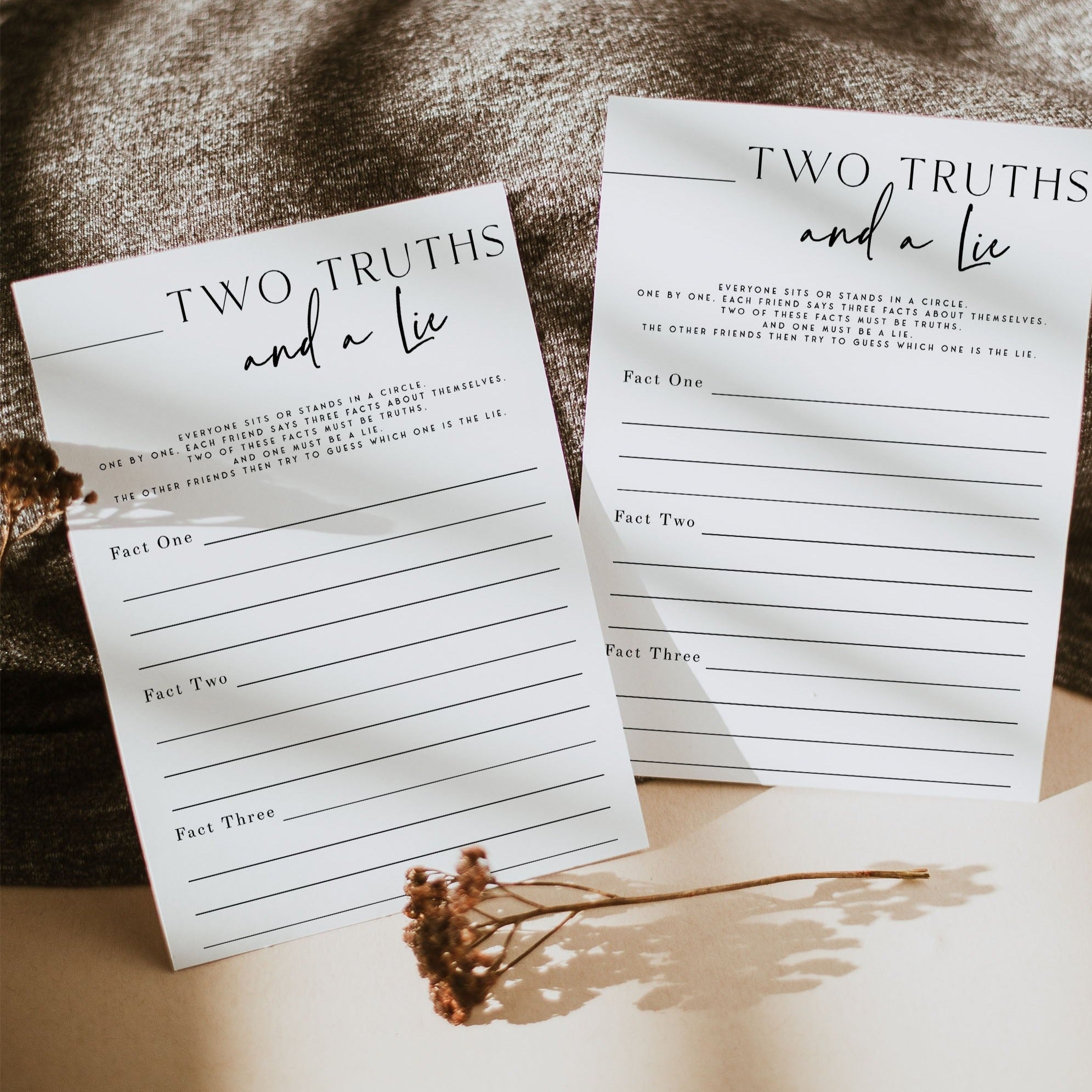 Printable baby shower game two truths and a lie with a modern minimalist design