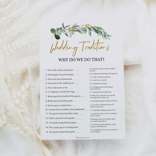 Bridal Shower game Wedding Traditions, Why Do We Do That, with a gold and eucalyptus greenery design
