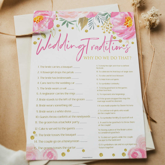 wedding traditions game, printable bridal shower games, blush floral bridal shower games, fun bridal shower games