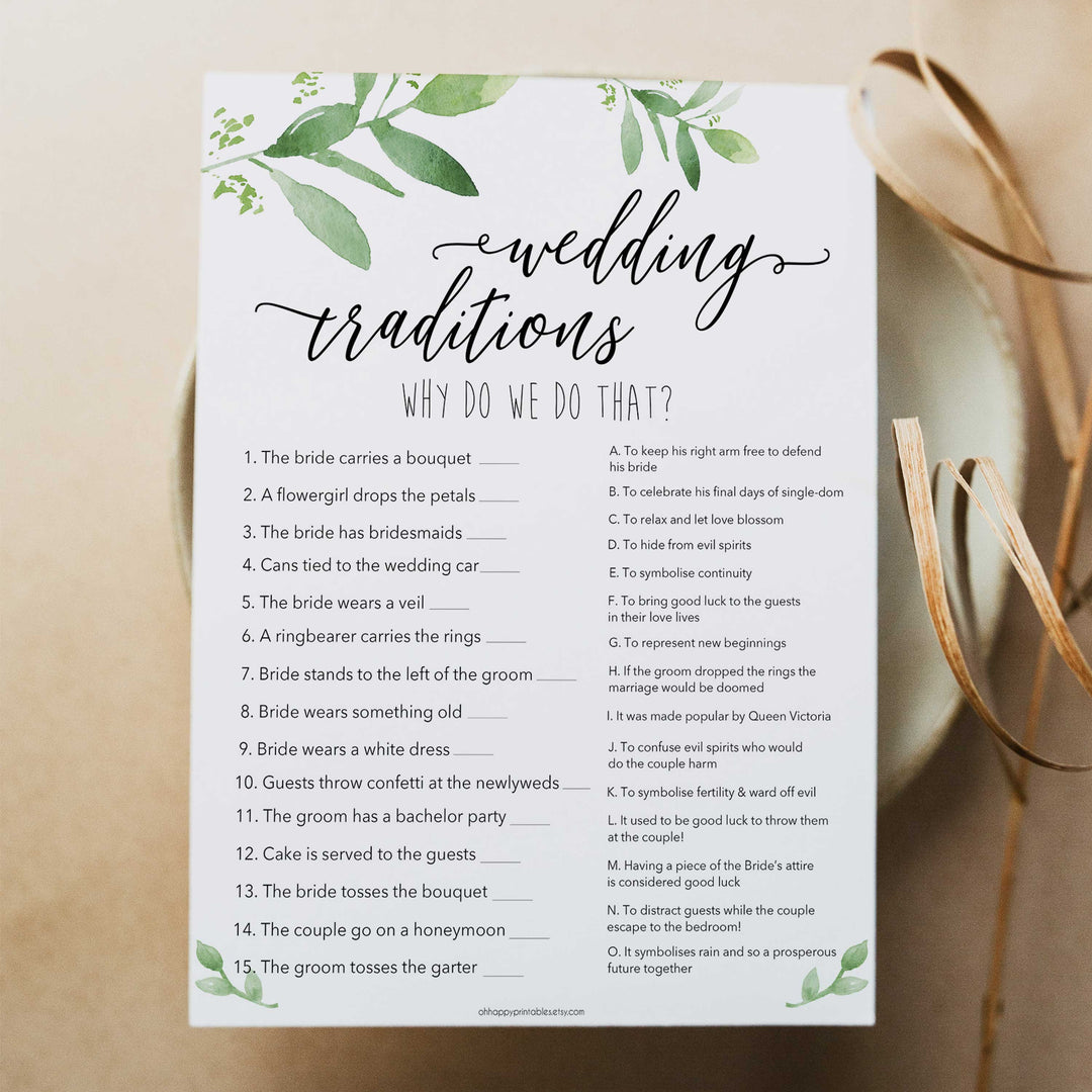 wedding traditions game, greenery bridal shower, fun bridal shower games, bachelorette party games, floral bridal games, hen party ideas