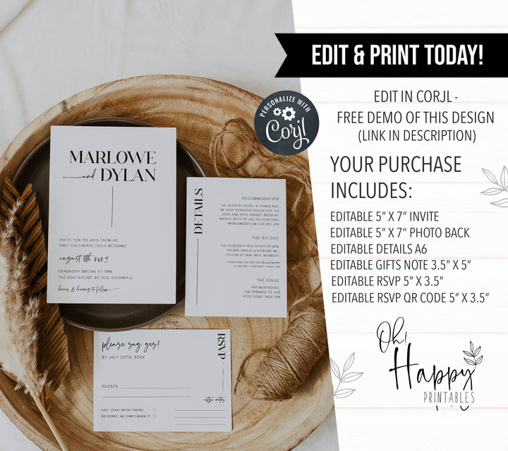 editable modern wedding invitation set, printable wedding invitation set, modern wedding invitation bundle, wedding invitation