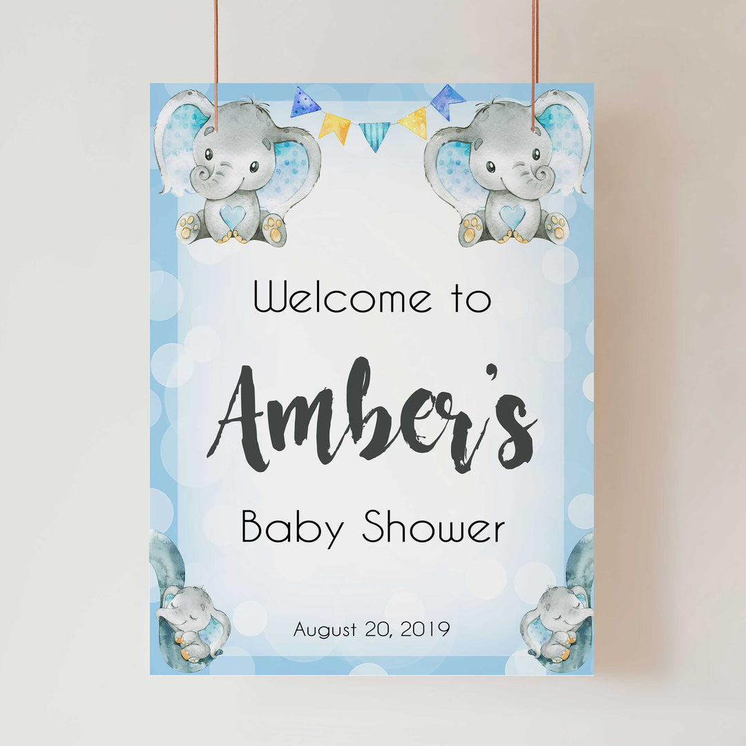 baby shower welcome signs, printable baby shower welcome sign, blue elephant baby shower, elephant baby games,