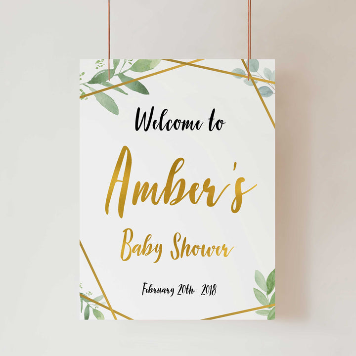 baby shower welcome sign, printable baby welcome signs, gold geometric baby signs, greenery baby signs, baby shower decor