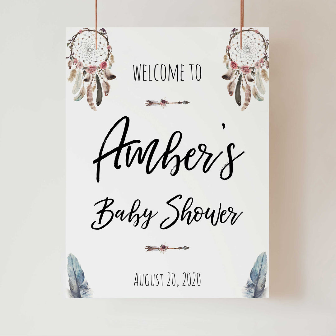 baby shower welcome sign, printable baby welcome signs, baby welcome table signs, boho baby shower decor, dreamcatcher baby decor
