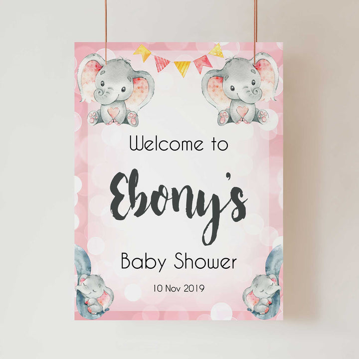 pink elephants baby shower welcome sign, printable baby shower welcome signs, fun baby shower decor, pink baby shower ideas, elephant baby shower ideas