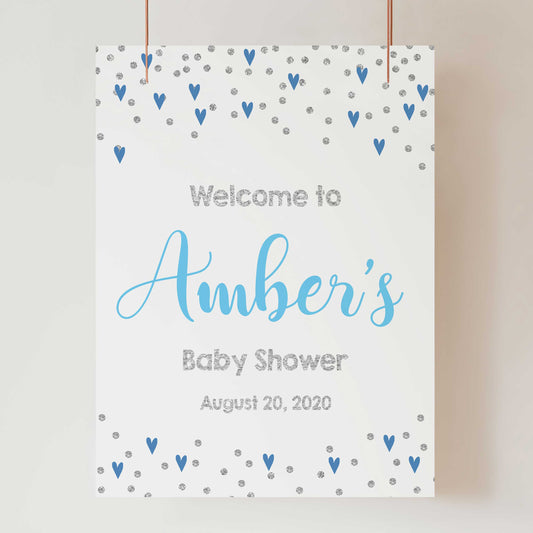baby welcome sign, blue hearts baby signs, printable baby welcome signs, blue hearts baby decor, baby welcome signs