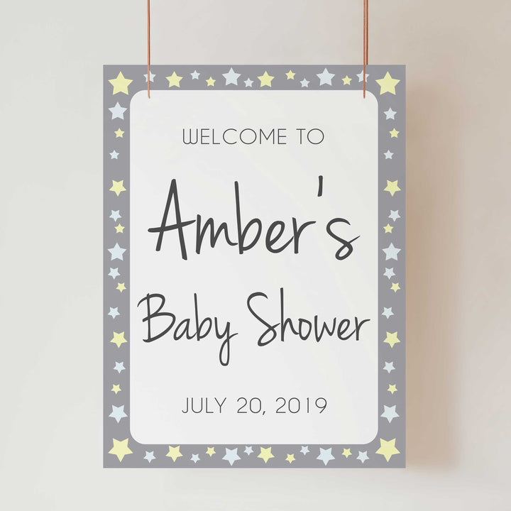 baby shower welcome sign, printable baby welcome signs, baby shower signs, yellow stars baby signs, fun baby shower decor