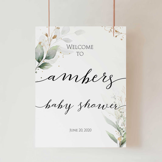 printable baby shower welcome sign, baby shower welcome signs, gold leaf baby welcome signs, gold green leaf baby decor, baby table decor