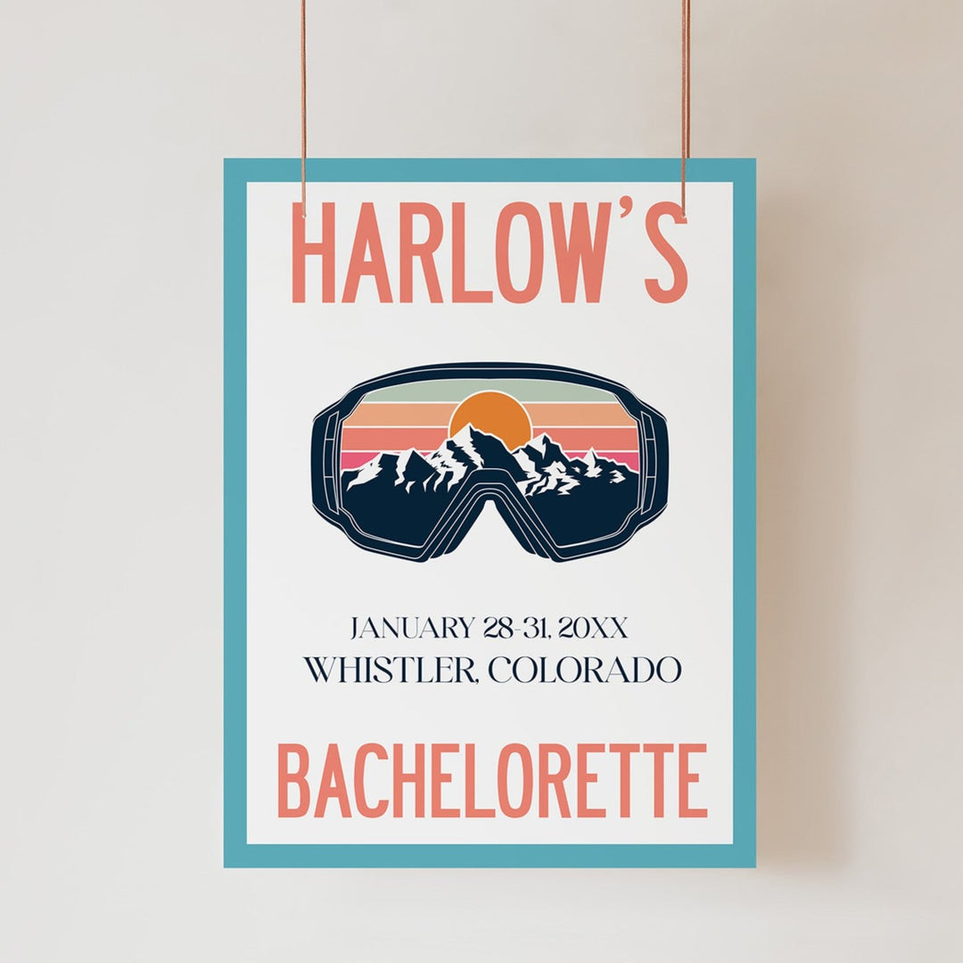 Fully editable and printable bachelorette weekend welcome sign with a ski slopes design. Perfect for a aspen ski slopes bachelorette themed party
