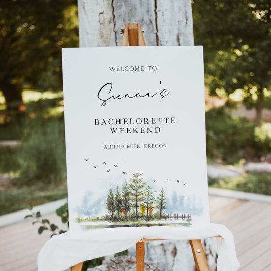 Fully editable and printable mountain cabin welcome signs with a mountain design. Perfect for a snowy cabin mountain bridal shower