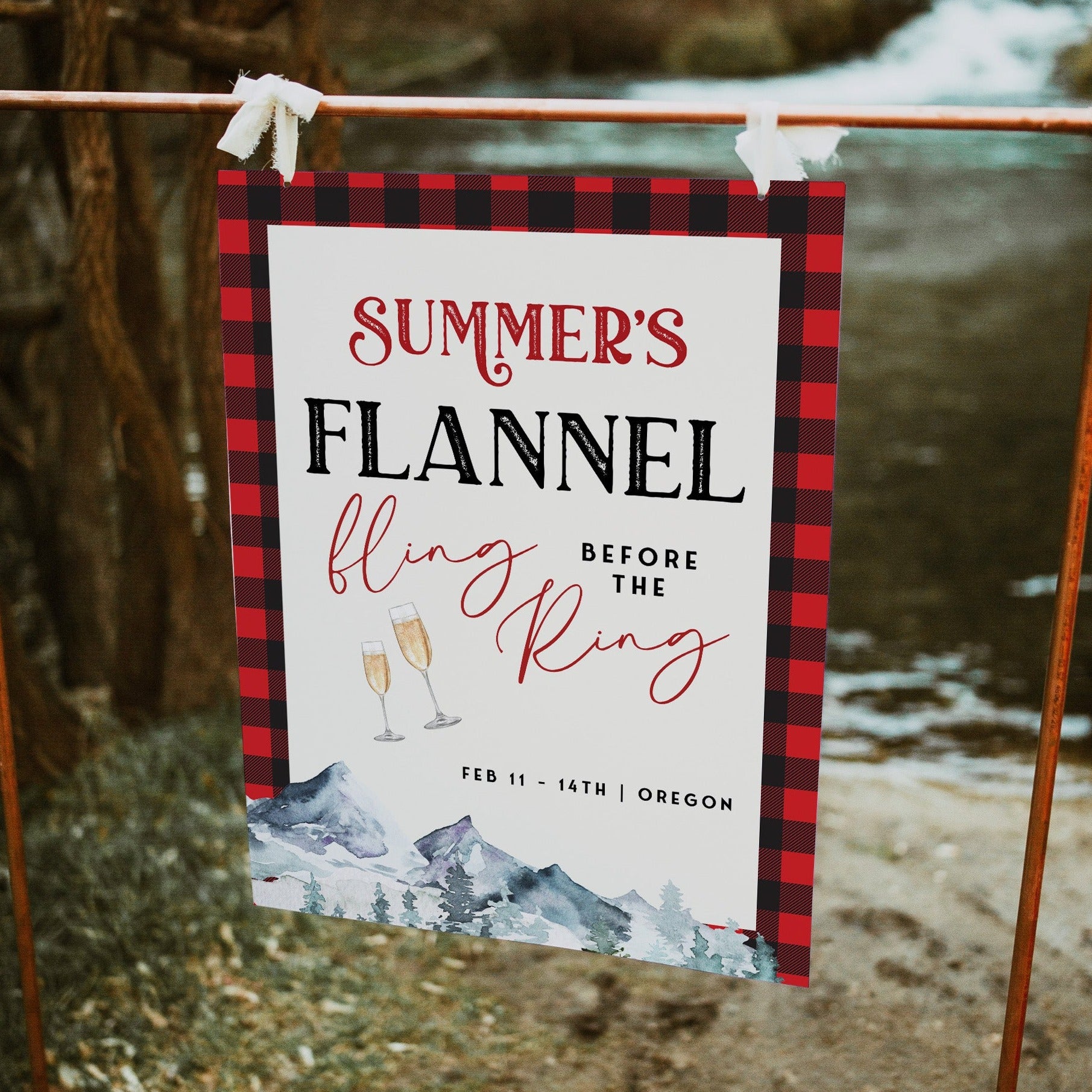 Fully editable and printable bachelorette welcome sign with a flannel design. Perfect for a woodland flannel Bachelorette themed party