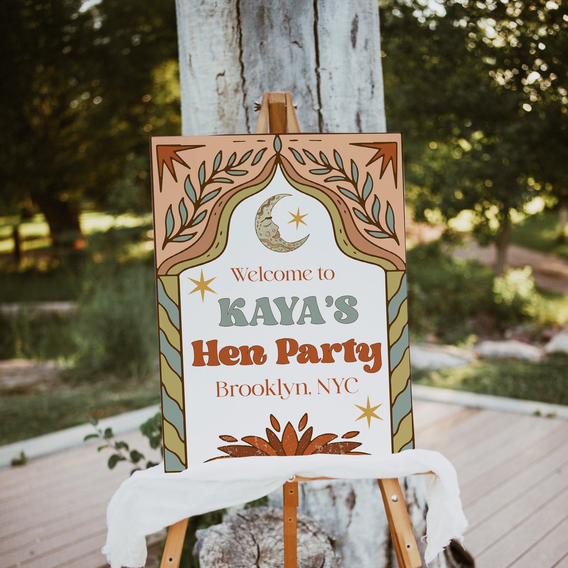 60s boho style bachelorette editable welcome sign. Simply edit, download and print at home or with any print service company