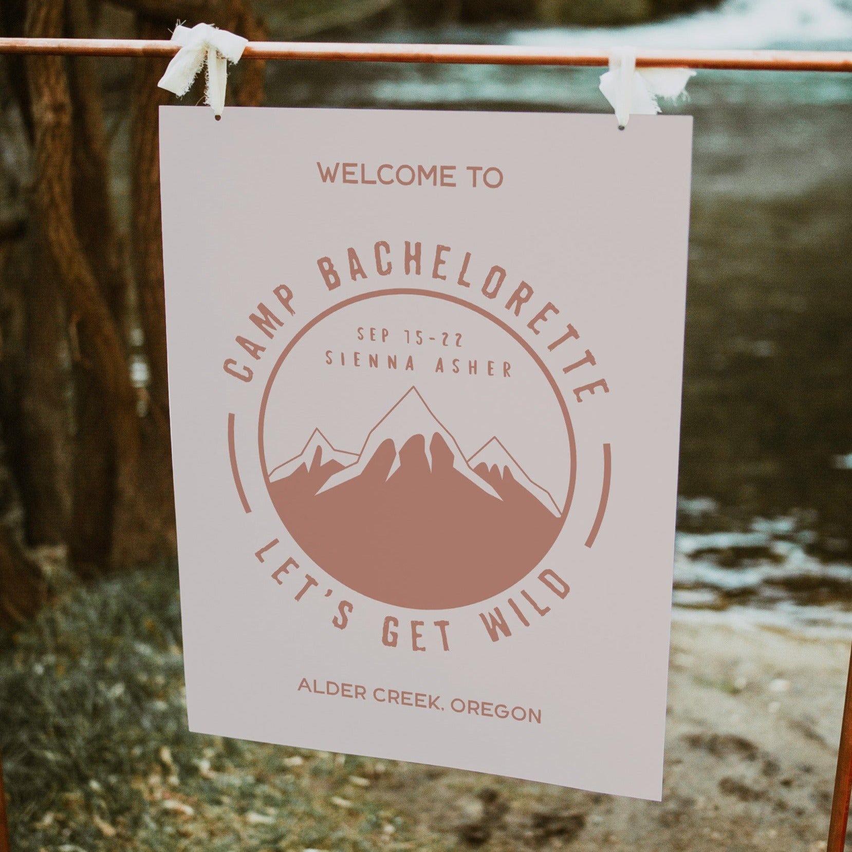 Fully editable and printable welcome signs with a pine cabin design. Perfect for a cabin adventure Bachelorette themed party
