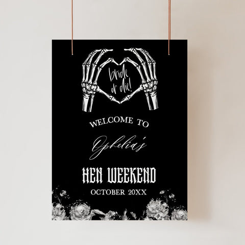 Fully editable and printable hen party weekend welcome sign with a gothic design. Perfect for a Bride or Die or Death Us To Party bridal shower themed party