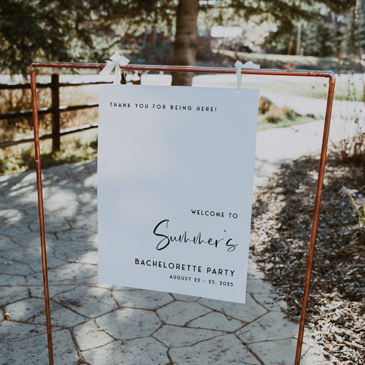 Fully editable and printable bachelorette weekend welcome sign with a modern minimalist design. Perfect for a modern simple bridal shower themed party