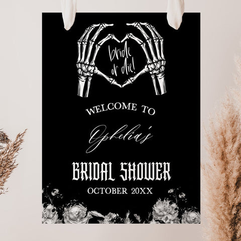 Fully editable and printable bridal shower welcome sign with a gothic design. Perfect for a Bride or Die or Death Us To Party bridal shower themed party