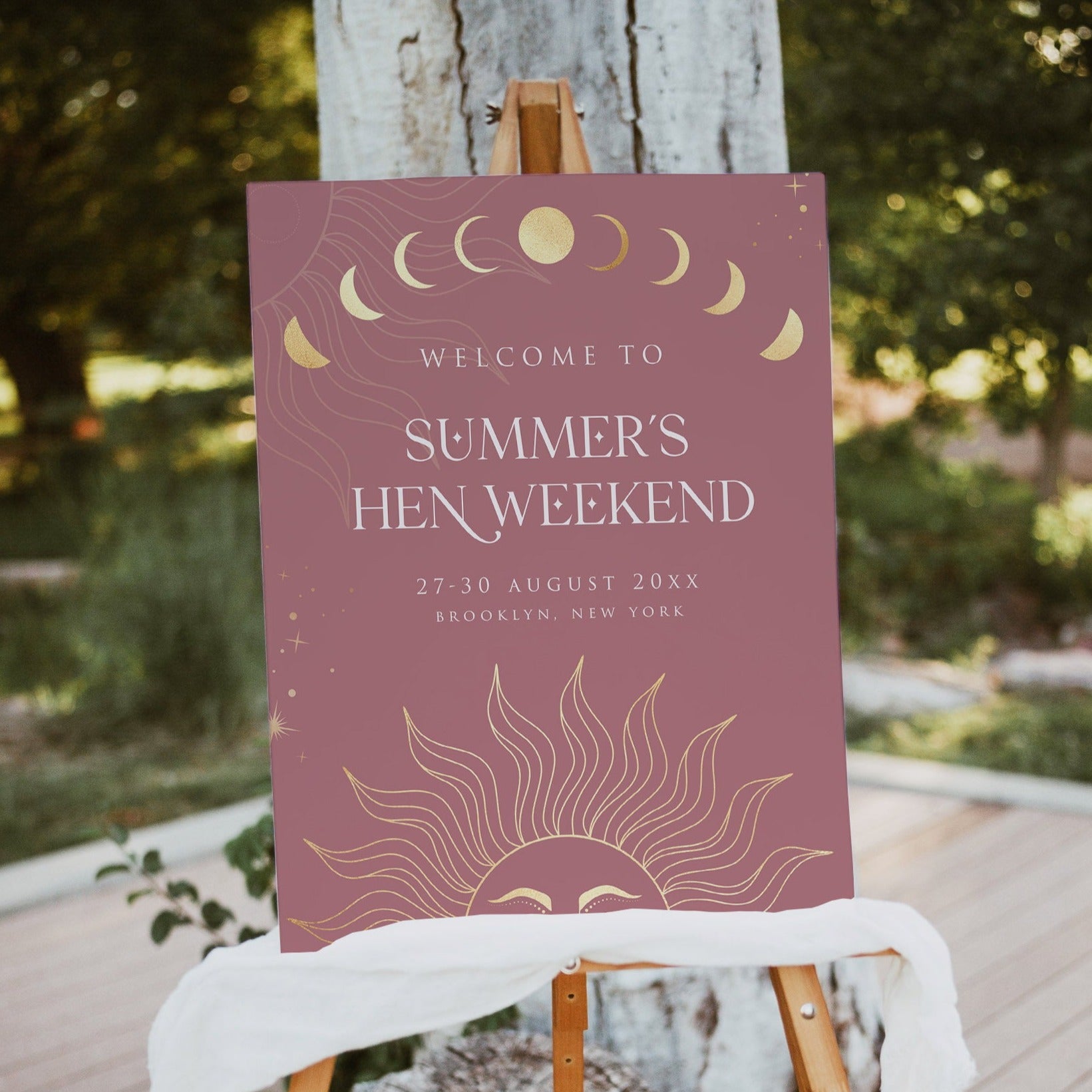 Fully editable and printable hen party weekend welcome sign with a celestial design. Perfect for a celestial bridal shower themed party