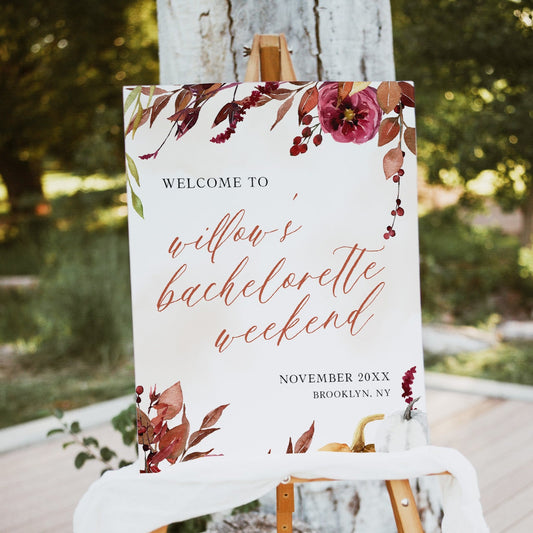 Fully editable and printable bachelorette weekend welcome sign with a Fall design. Perfect for a fall floral bridal shower