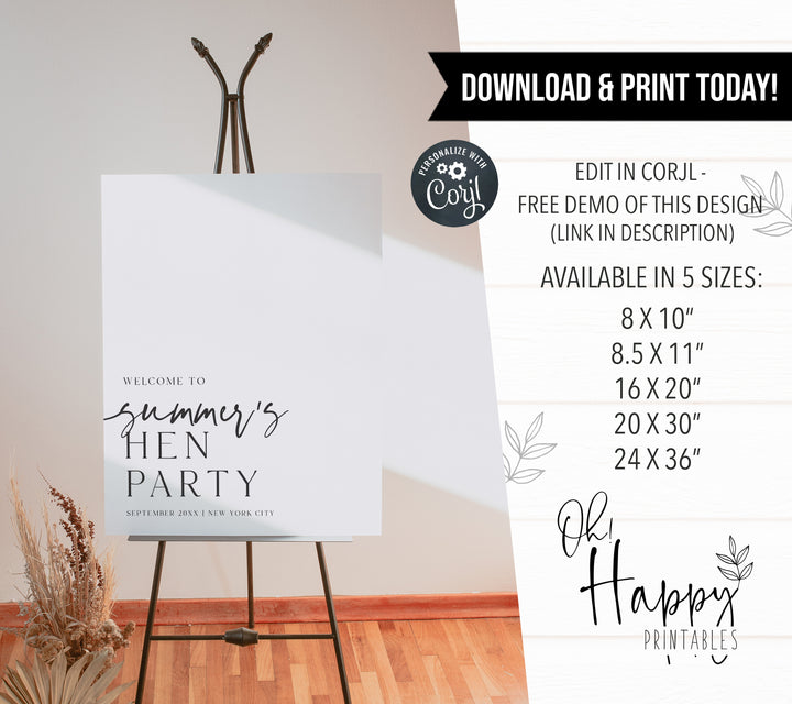 Fully editable, printable and mobile bachelorette invitation and welcome signs with a modern minimalist design. Perfect for a modern minimalist Bachelorette themed party