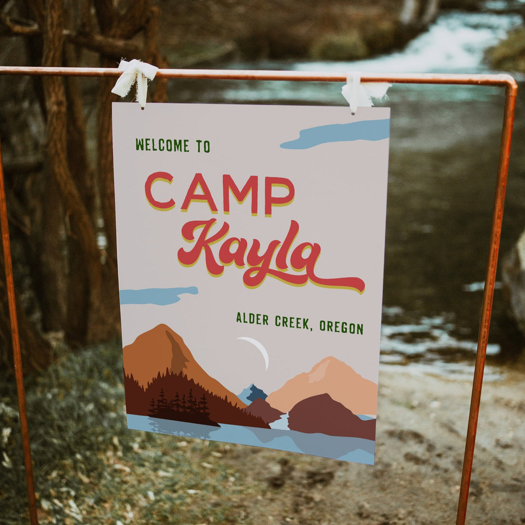 Fully editable and printable retro bachelorette welcome signs with a pine cabin design. Perfect for a cabin adventure Bachelorette themed party