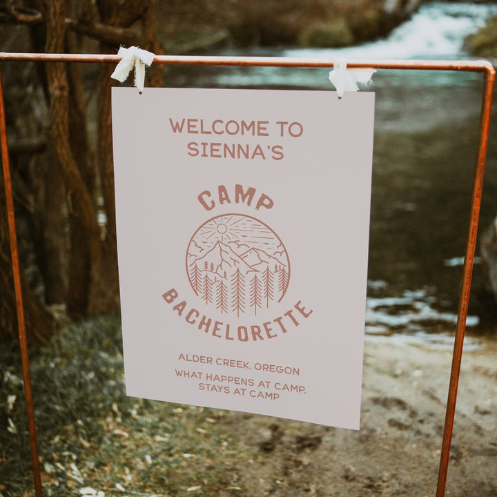 Fully editable and printable bridal shower, welcome signs with a pine cabin design. Perfect for a cabin adventure Bachelorette themed party