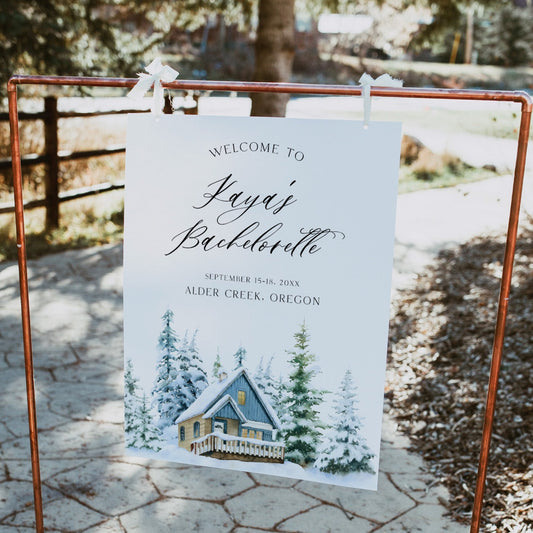 Fully editable and printable mountain cabin welcome signs with a mountain design. Perfect for a snowy cabin mountain bridal shower