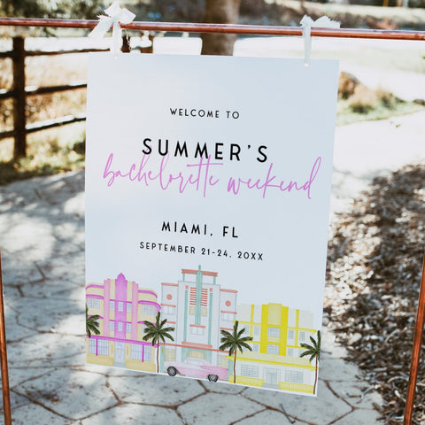 Fully editable and printable bachelorette weekend welcome signs with a miami design. Perfect for a miami, Bachelorette themed party